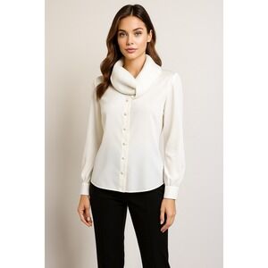 Eva Laurel Blouse Womens 12 White Pleated Elegant Classic Office Retro‎ Chic VTG